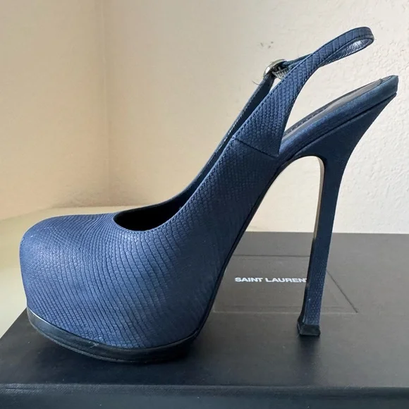 Saint Laurent Navy Blue Suede Tribtoo Slingback Heels 105mm - Picture 13 of 15